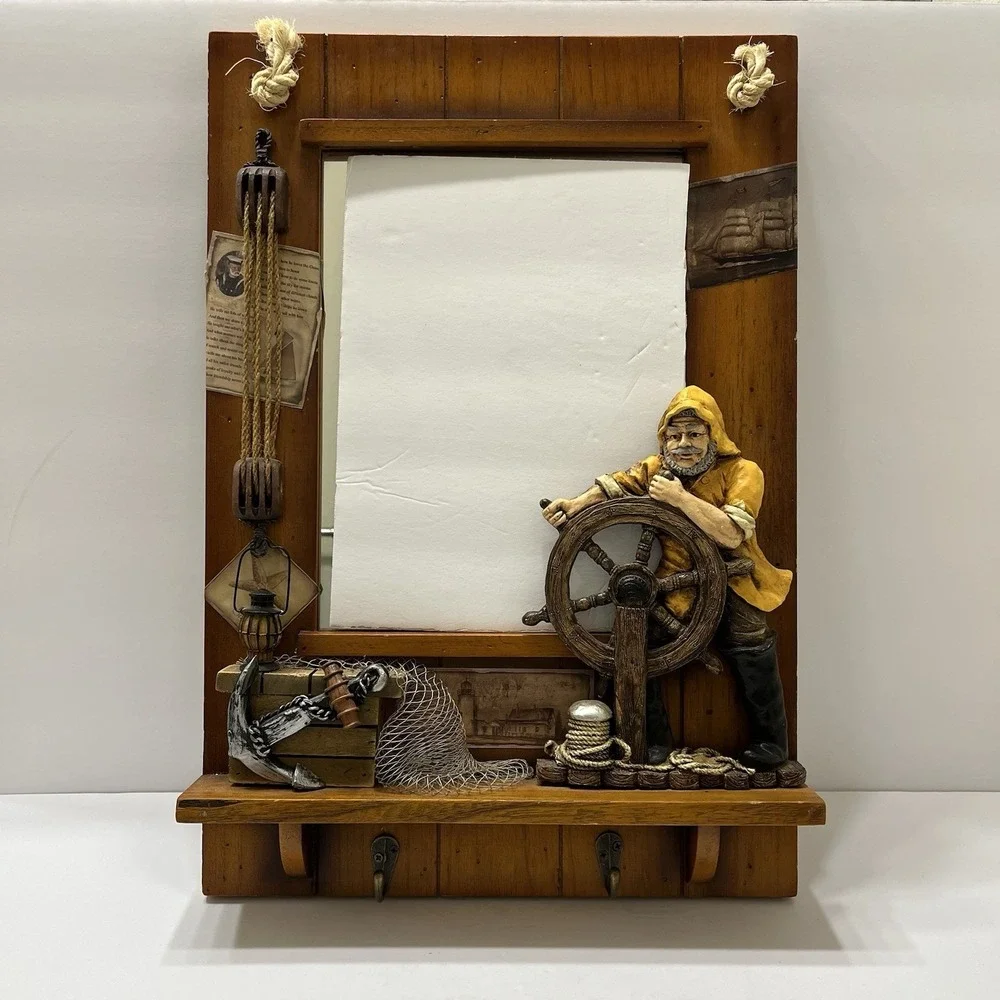 Vintage Wooden Sailor Theme Mirror 3D With Hooks 19.5x13.25